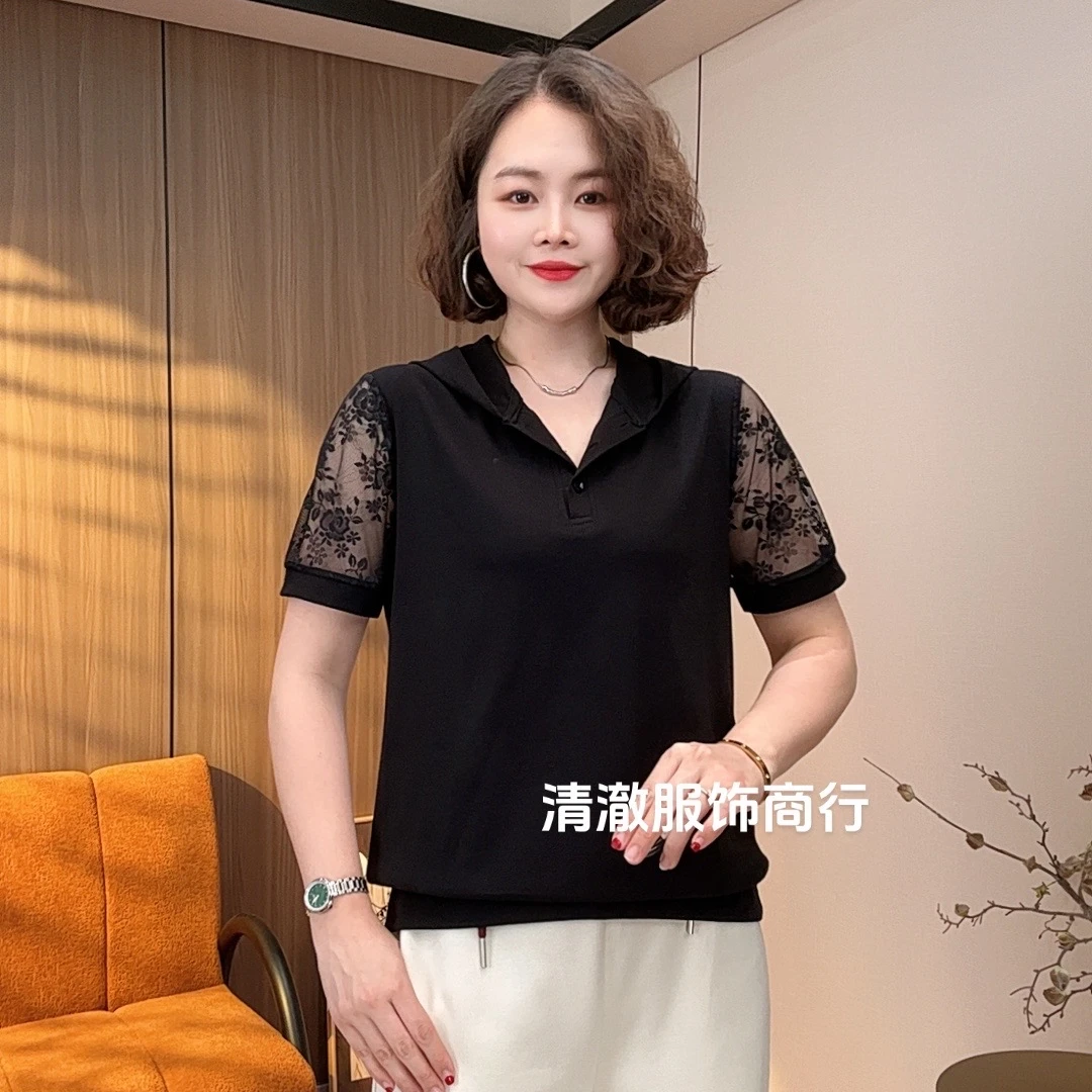 2025夏季新款时尚洋气百搭连帽蕾丝拼接袖减龄显瘦上衣Y869