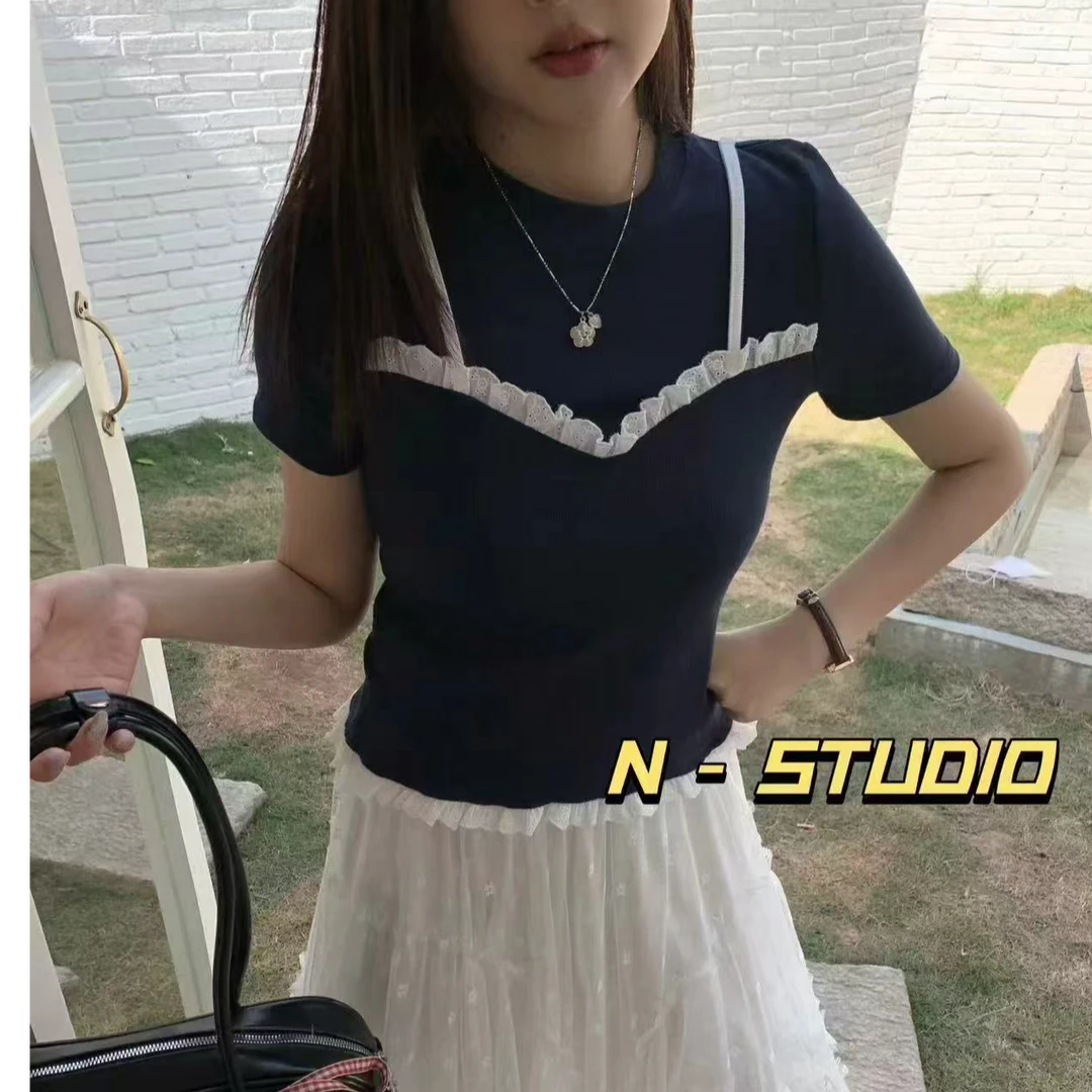 春季新款甜辣风设计感蕾丝花边吊带拼接假两件短袖T恤2151