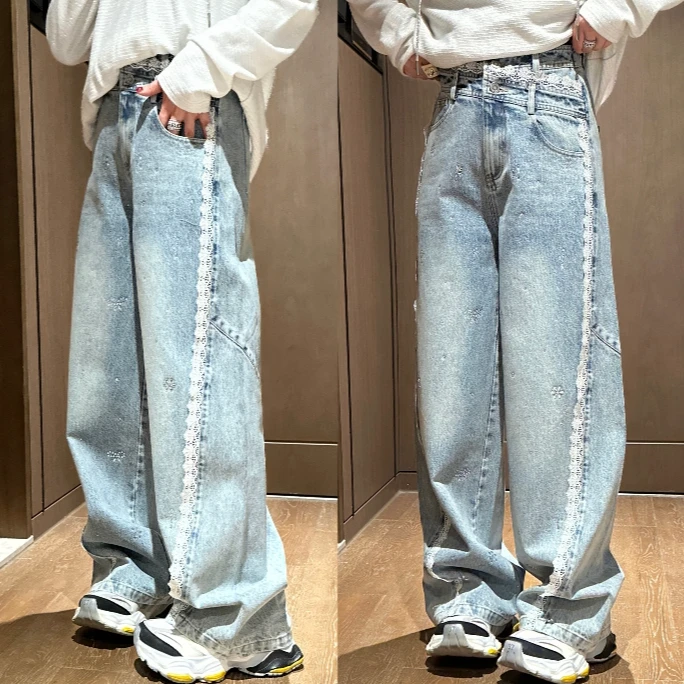 YDFSTUDIO小众【蕾丝绮梦】欧货高品蕾丝拼接烫钻设计高腰牛仔裤