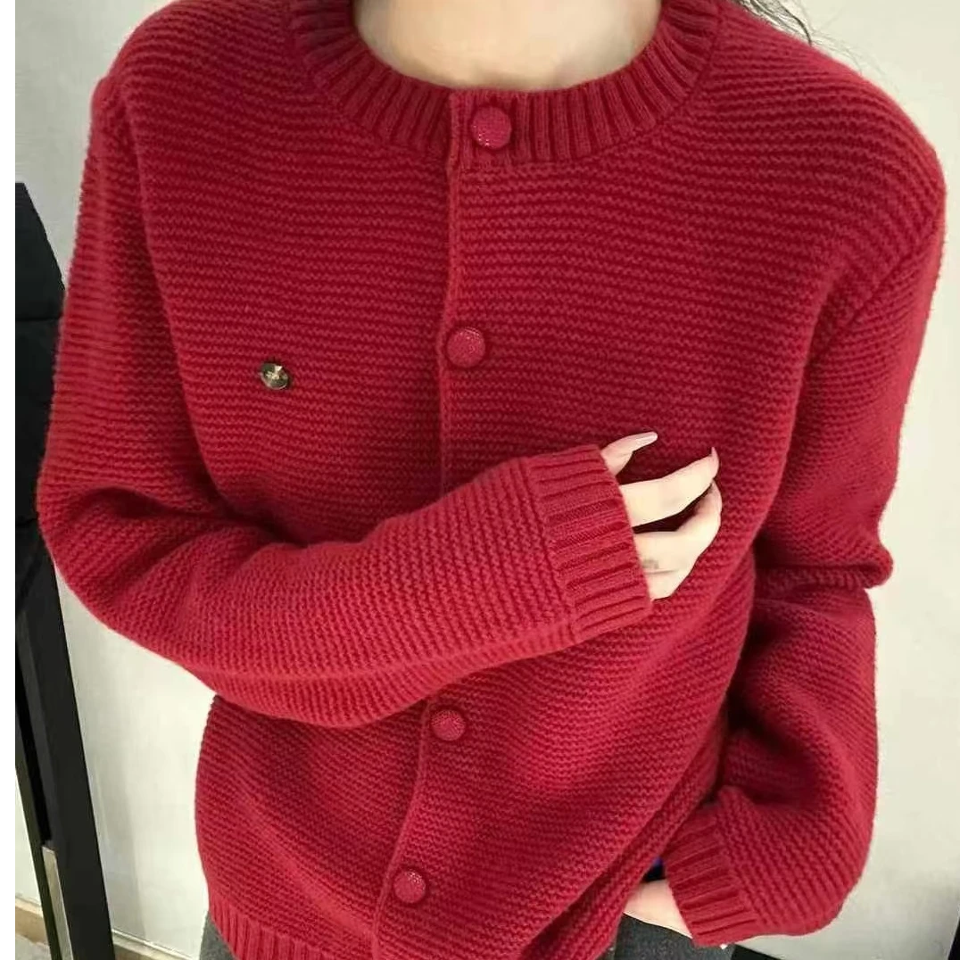 韩系东大门复古毛衣加厚宽松韩版针织百搭圆领正反针EGG开衫