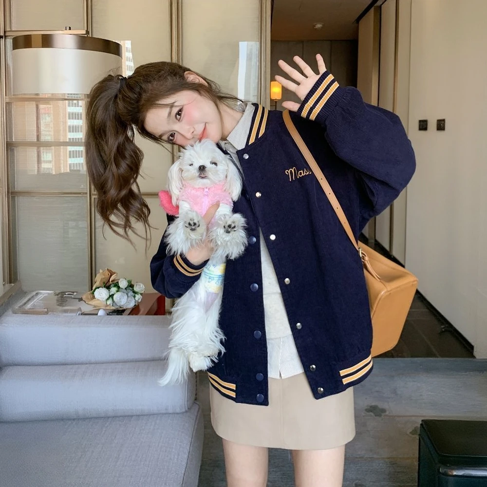 美式复古藏青色棒球服外套女秋季新款韩版宽松休闲夹克上衣潮