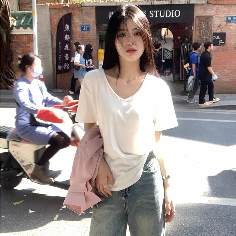 纯色v领正肩宽松百搭显瘦短袖女2025新款爆款夏装减龄休闲T恤上衣