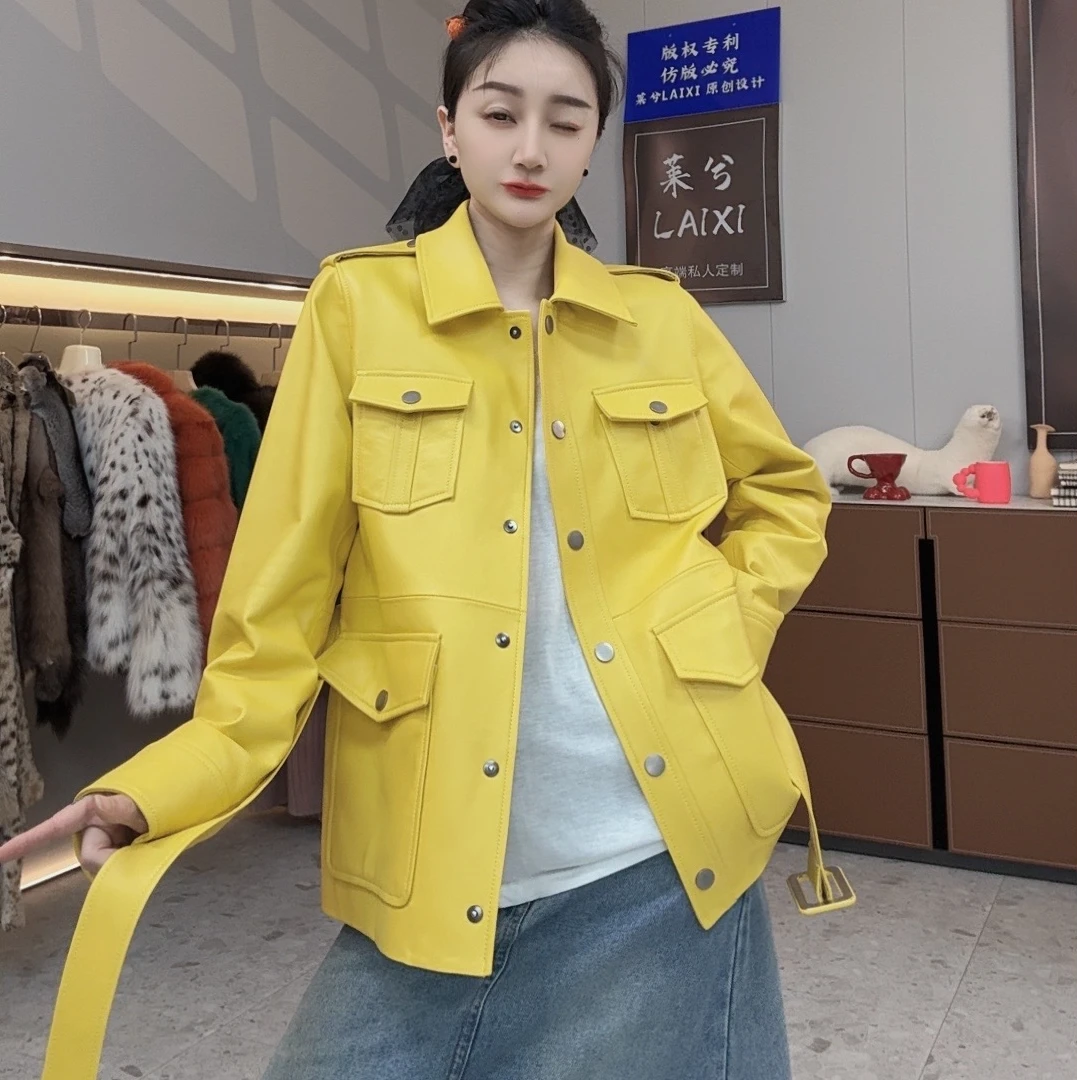 LAIXI/莱兮设计师风格工装款时尚气质百搭女士羊皮外套 衣长63CM