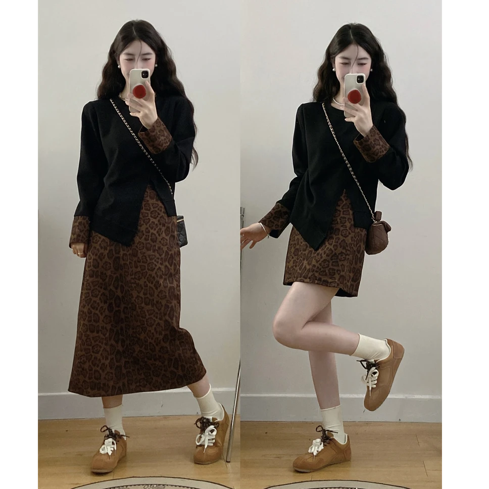 大码秋季新款胖mm女时尚闺蜜装不规则上衣豹纹长短裙套装