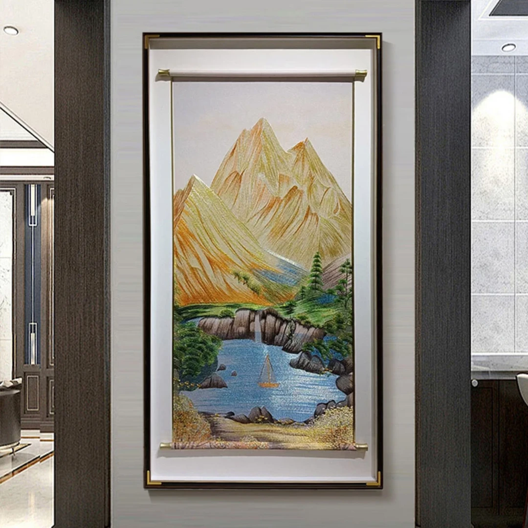 高端刺绣日照金山装饰画新中式玄关挂画走廊过道壁画聚宝盆山水画