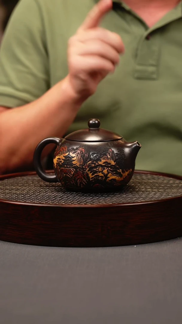 茶壶紫砂石黄 西施 彩刻山水