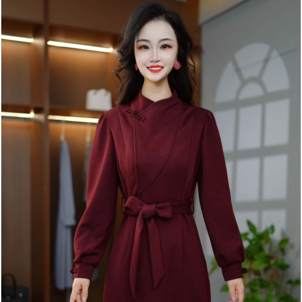 新款高级感气质极简立领贵气收腰时尚修身显瘦连衣裙M-4XL