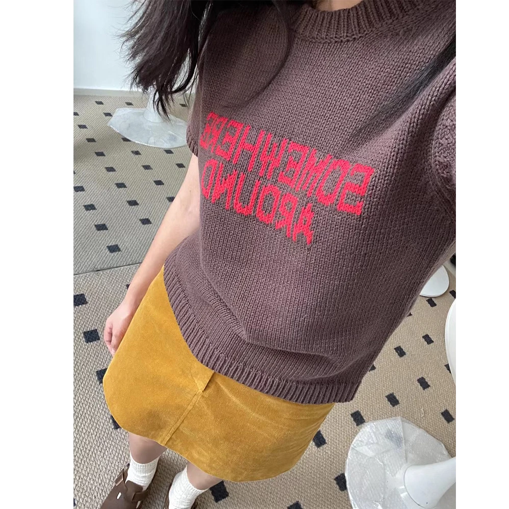 美式2025春秋季新款复古撞色字母短袖针织衫女春季别致圆领上衣