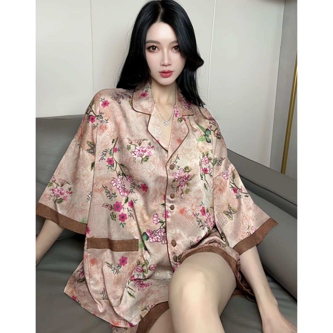 《花开富贵》贡缎冰丝重工拼接对门襟三件套春夏女士睡衣家居服03