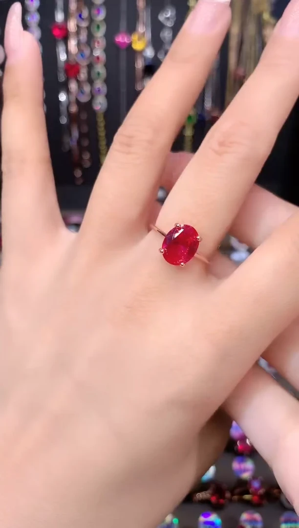 红宝石戒指银S925镶嵌玫瑰金