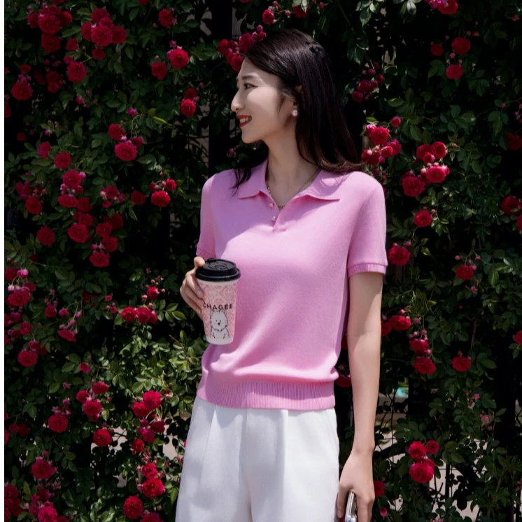 阿玛施 AMASS【蜜桃冰沙】女士POLO时尚显瘦翻领短袖针织538004
