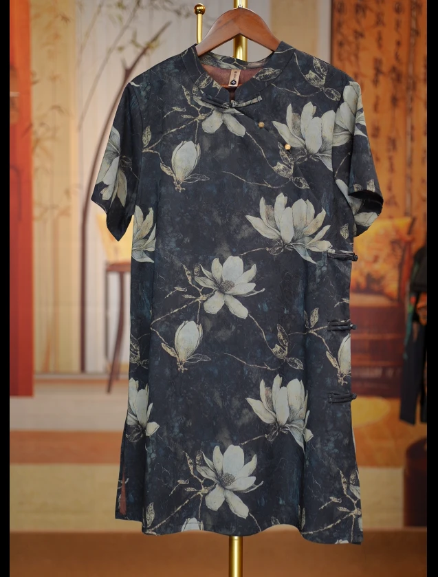 黛影琼花玉兰印花盘扣短袖奥黛小衫