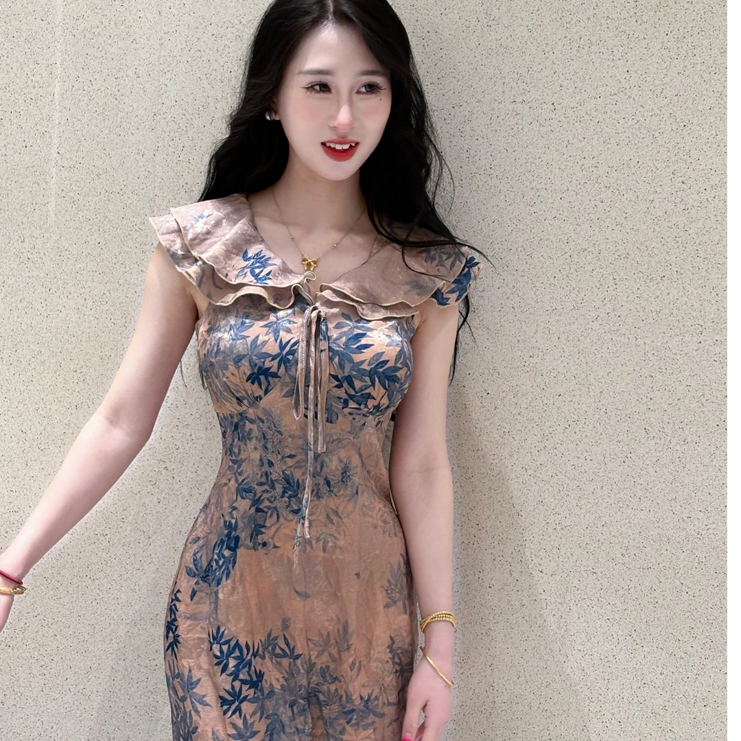 LHMknk1画报夫人原创自制新中式连衣裙夏季国风碎花裙 蓝伶