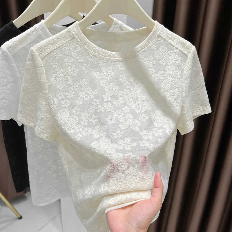 简约圆领蕾丝打底衫女洋气内搭软糯网纱提花小衫新款气质短袖上衣