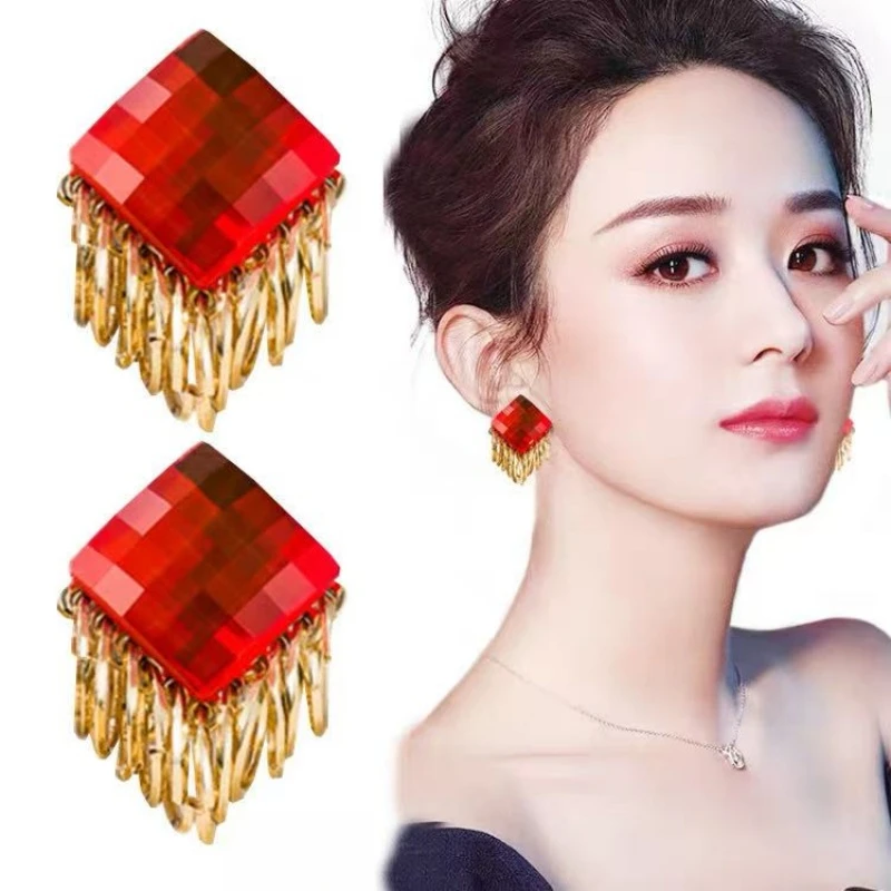 铜合金耳饰 红色菱形耳钉新款复古中式双十一耳饰轻奢高级感耳环