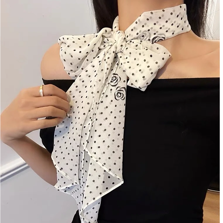 山茶花波点长条丝巾女高级感气质系脖发带百搭时尚围巾2025新款