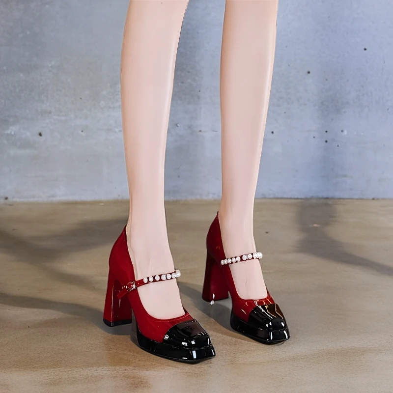 玛丽珍方头高跟鞋女2025春秋新款粗跟浅口防水台一字扣带时尚单鞋