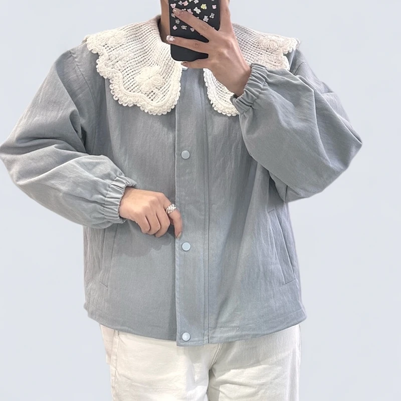 宁加柠-新款浅蓝色牛仔外套日系娃娃领宽松时尚