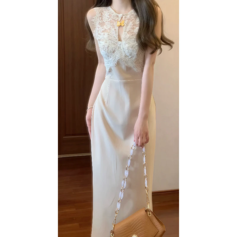 温柔姐姐 韩系纯欲蕾丝拼接无袖连衣裙女神范气质生日礼服裙9529