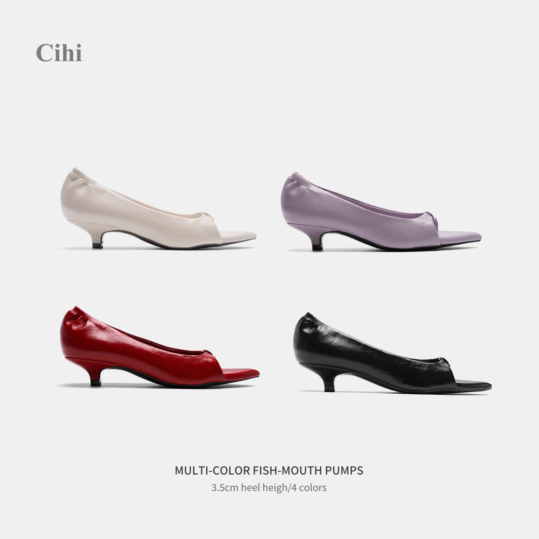 Cihi羊皮3.5cm’simple rainbow‘ 芭蕾美学果冻鱼嘴露趾单鞋