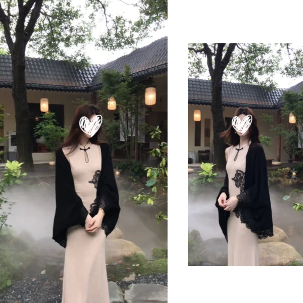新中式国风秋季新款盘扣无袖旗袍连衣裙女蕾丝拼接披肩两件套装女