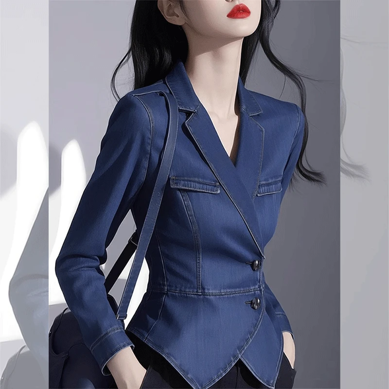 蓝色设计感牛仔衬衫上衣女款2025秋季新款百搭超好看v领外套减龄