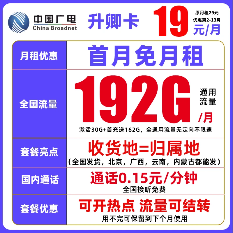 中国广电19元低月租192g官方正规卡流量卡不限速手机卡本地电话卡