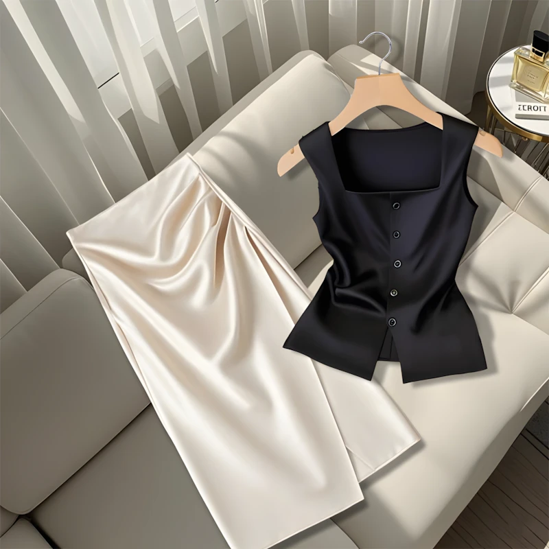 法式小香风方领无袖背心吊带女夏季新款时尚百搭杏色半身裙两件套