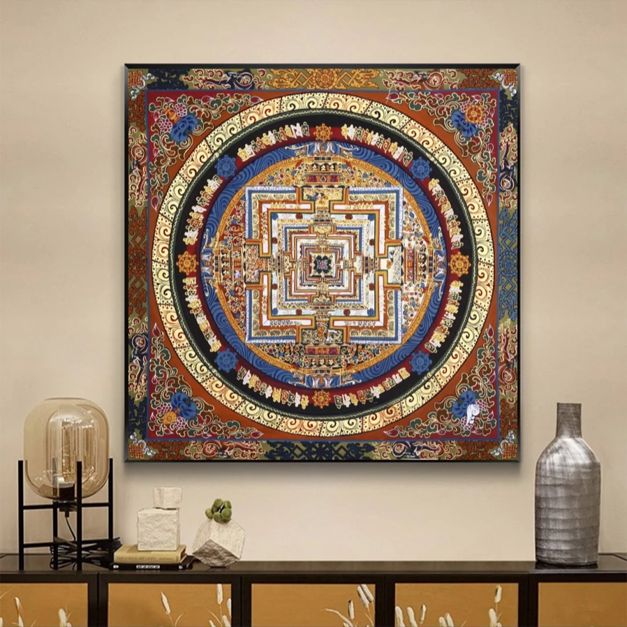 尼泊尔唐卡挂画六字真言心经字画挂画西藏玄关壁画中式背景墙画