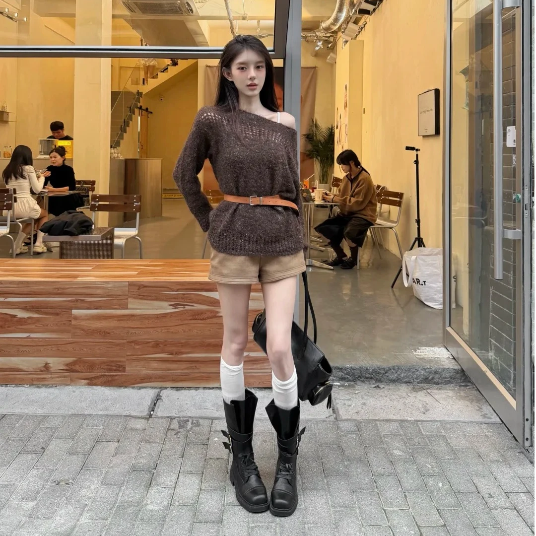 韩版慵懒缕空针织衫女秋冬季新款百搭简约一字肩套头上衣女配短裤