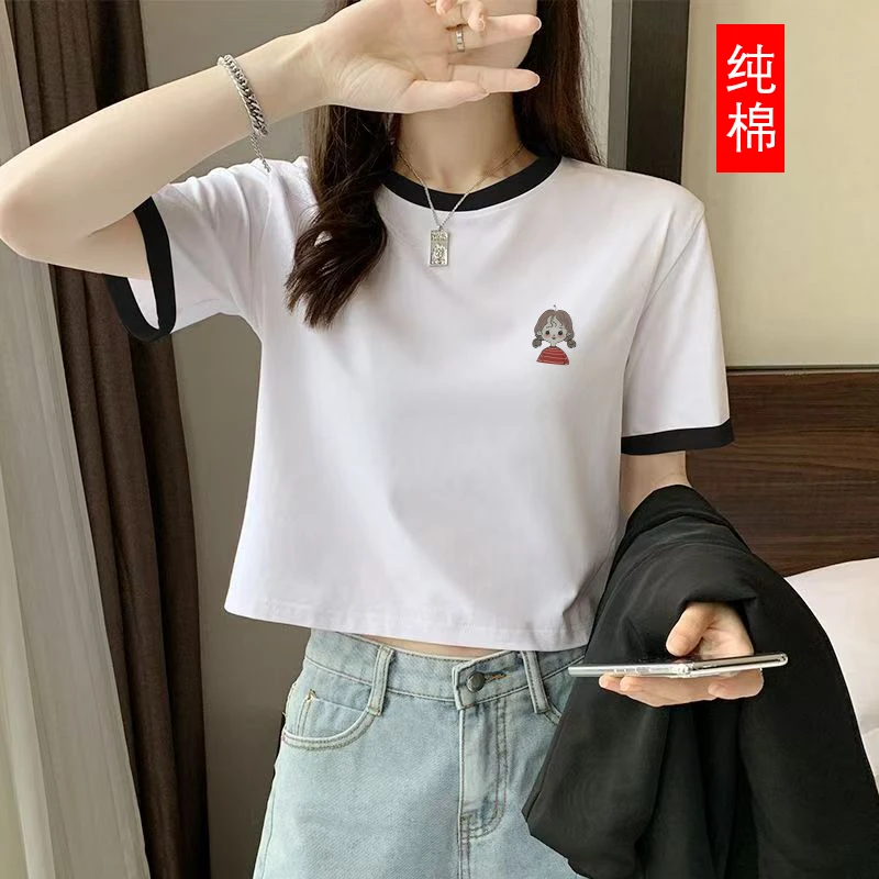 100%纯棉高腰t恤矮个子宽松夏新款撞色短款上衣女装潮流百搭短袖
