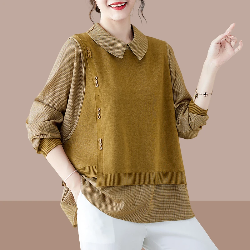 2025春秋新款女士卫衣假两件拼接衬衣休闲宽松大码女装polo领上衣