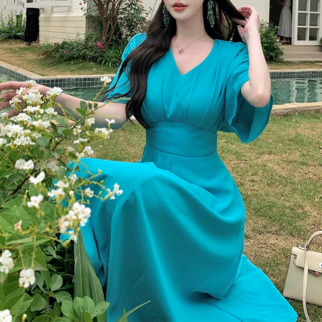 现货2025夏季新款【柠檬致夏】高定款气质V领纯色显瘦法式a字连衣裙