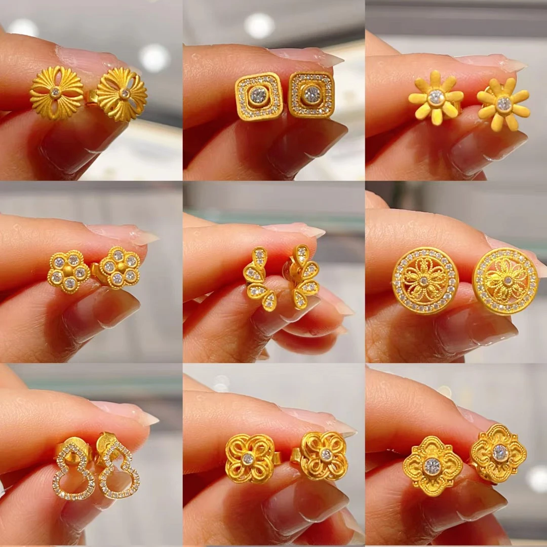 【嘉奈】足金999点钻耳钉法式小香风三叶草耳钉F