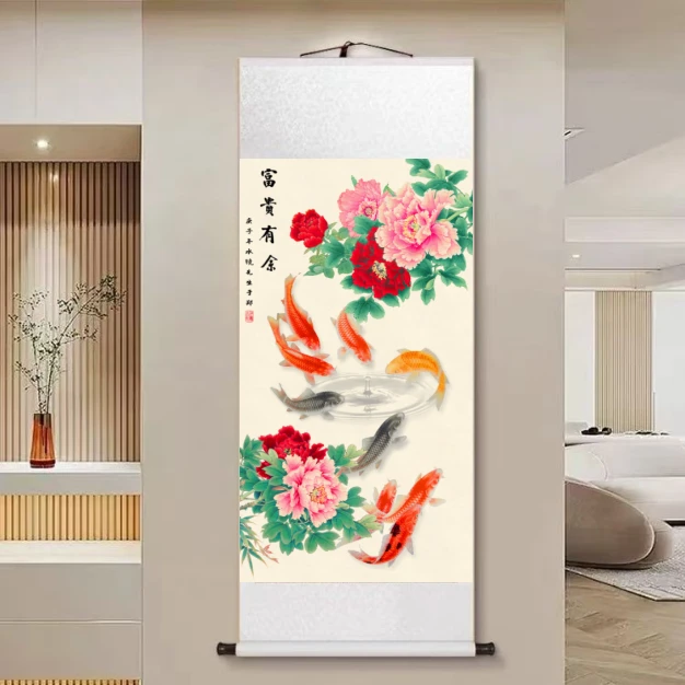 【牡丹鱼·富贵有余】140*45新中式竖幅实木卷轴画客厅书房茶室挂画