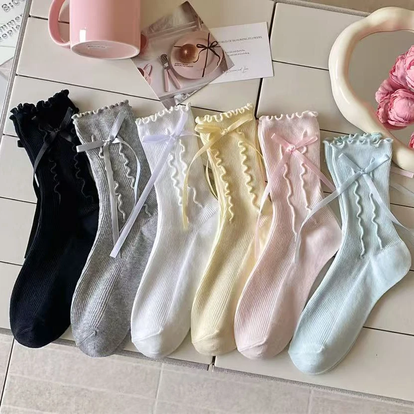 侧面蝴蝶结双针木耳花边袜袜子女学院可爱少女洛丽塔堆堆袜春夏款