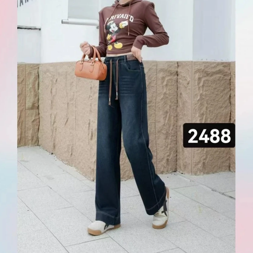 2025春款高腰直筒牛仔裤春装休闲百搭窄版阔腿裤宽松显瘦大码女裤