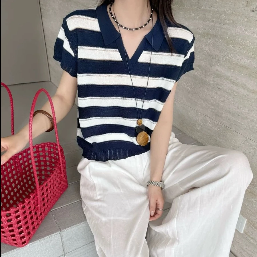 LB有运费补贴~小香风翻领V领时尚休闲镂空天爽亚麻上衣