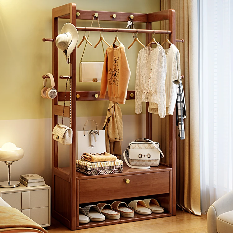 实木衣帽架落地卧室入户门口挂衣架一体卧室进门衣服收纳架置物架
