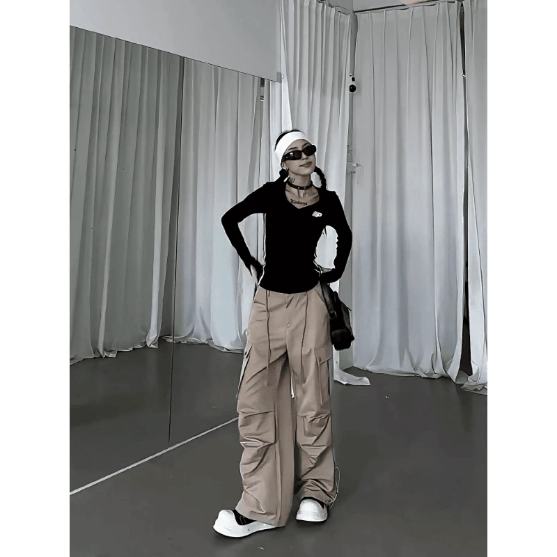 纯棉欧美辣妹v领长袖t恤女秋季正肩收腰修身露锁骨性感打底衫上衣