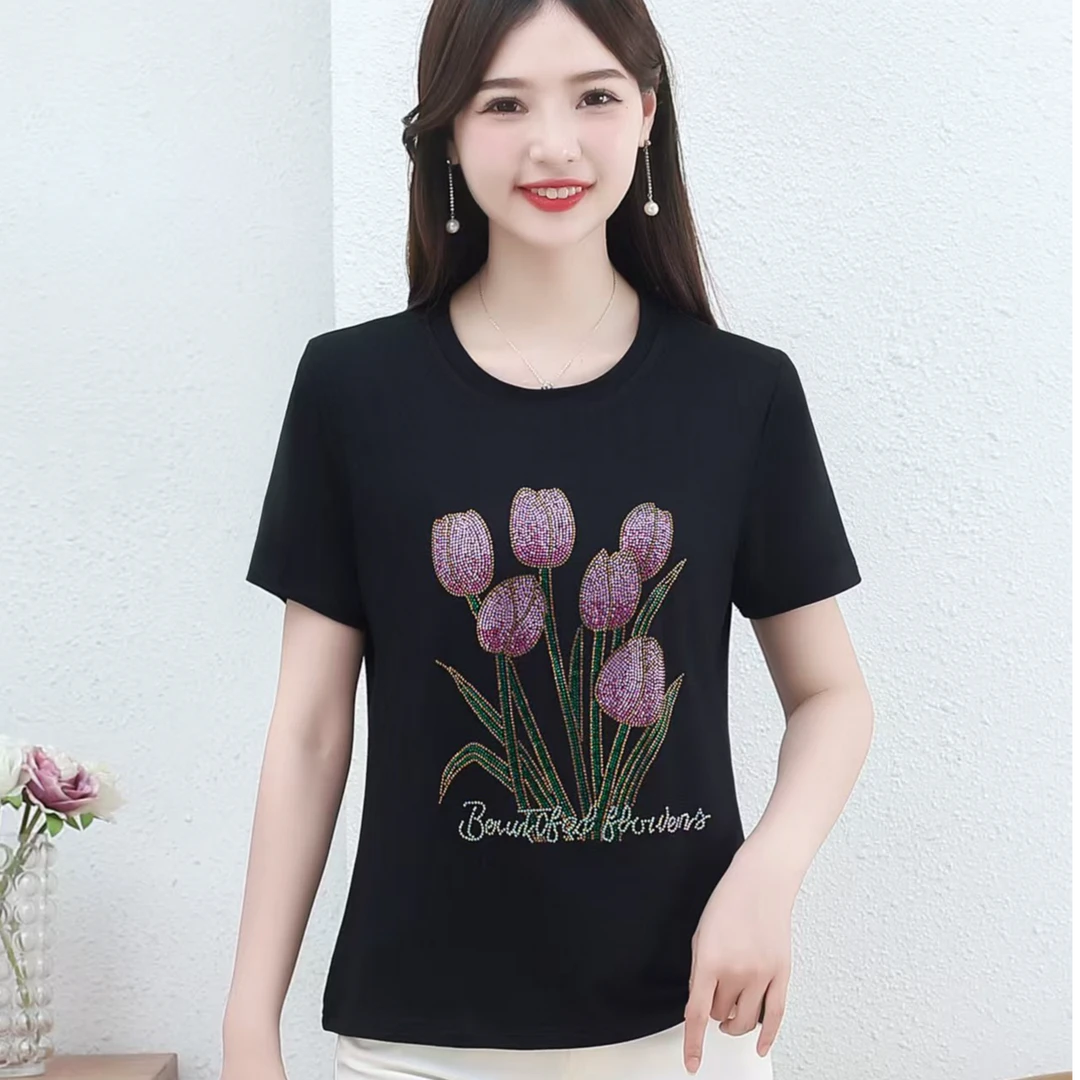 {-}2025夏季新款圆领女装显瘦大码30-40岁t恤百搭烫钻绵短袖