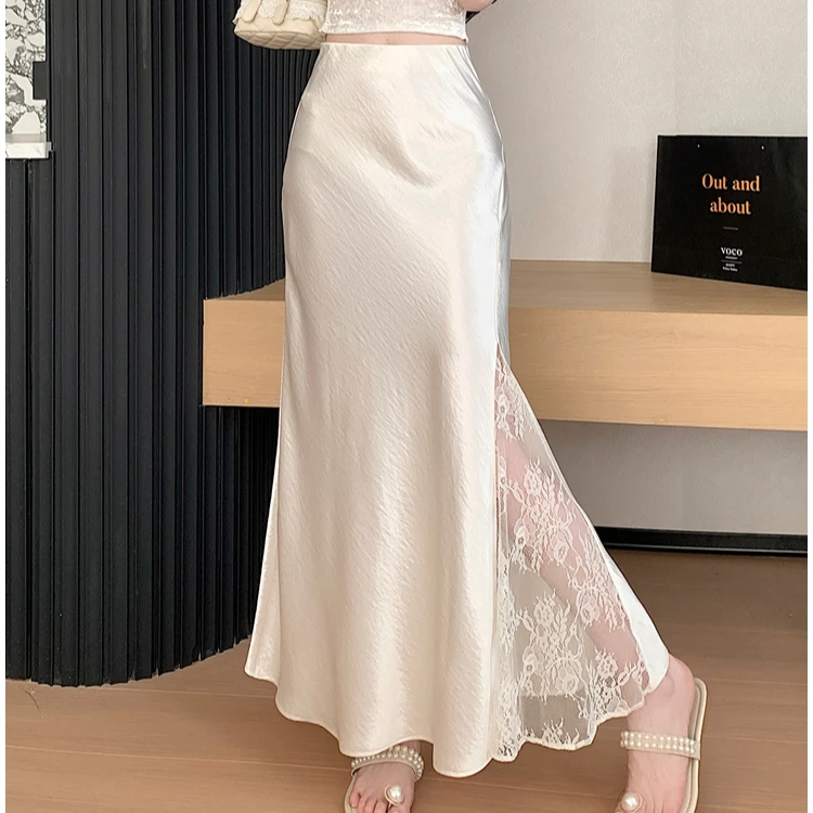 法式醋酸缎面拼接蕾丝鱼尾裙半身裙女夏季修身显瘦包臀裙气质长裙