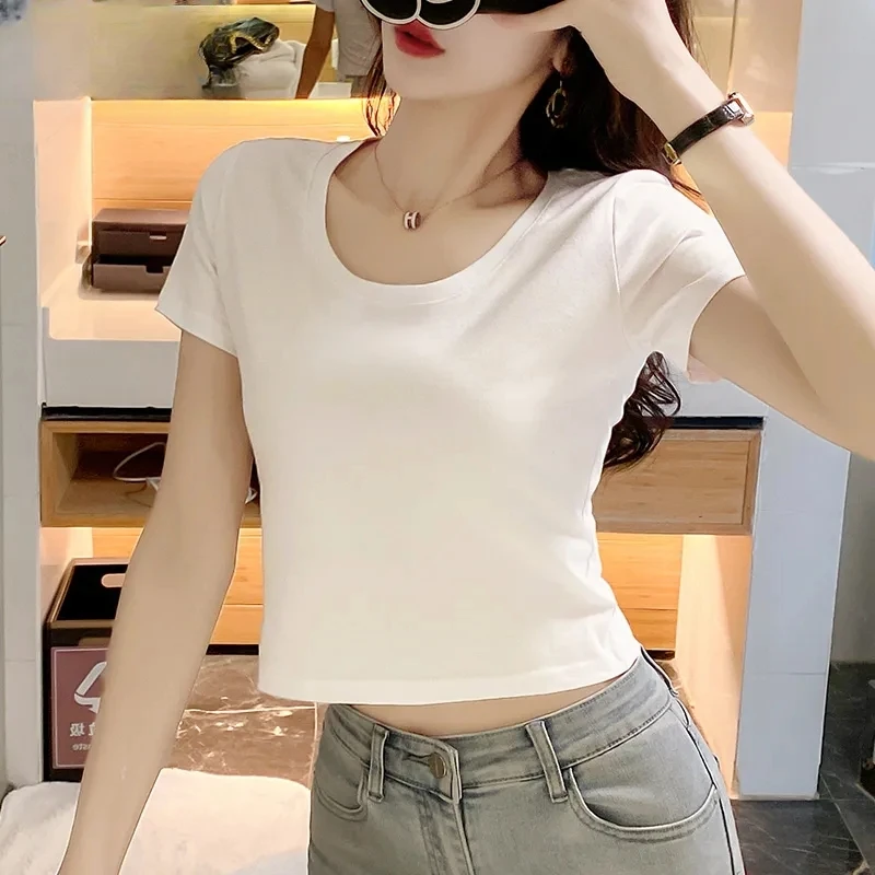 夏季新款多巴胺露脐短款上衣2025年新款95棉露脐女短袖高腰打底衫