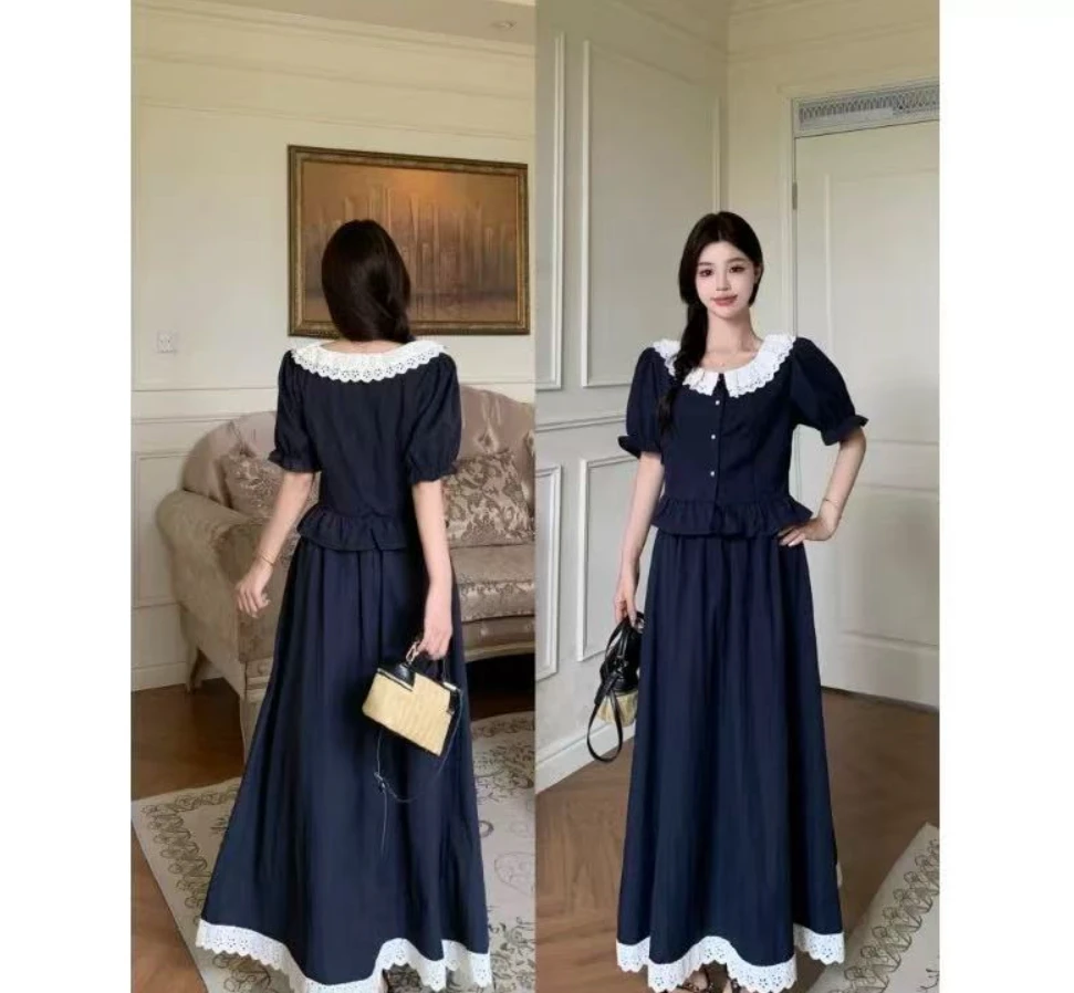 大码韩系甜美花边短袖衬衫＋高腰半身裙两件套