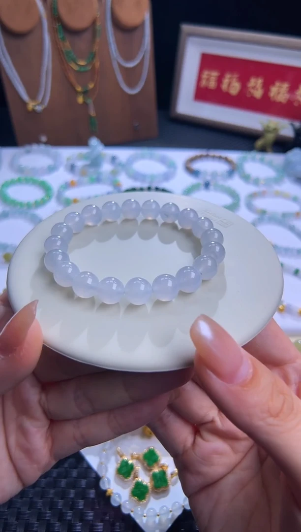 未镶嵌手串翡翠大卡白月光！卡9.5圆珠茅台白！高货大漏！豪气！