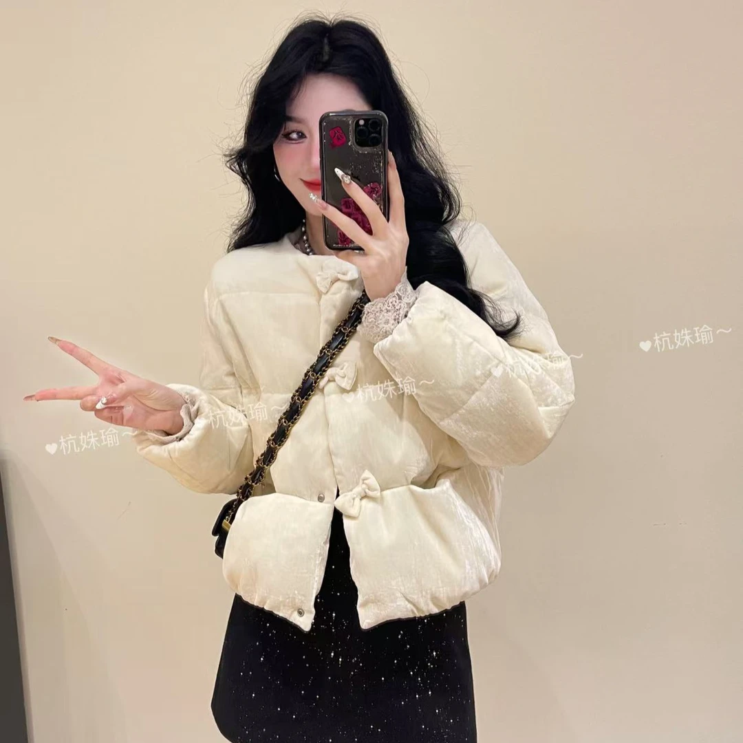 8883【冬日轻氧】冬季新款鹅绒羽绒服金丝绒圆领蝴蝶结保暖鹅绒外套