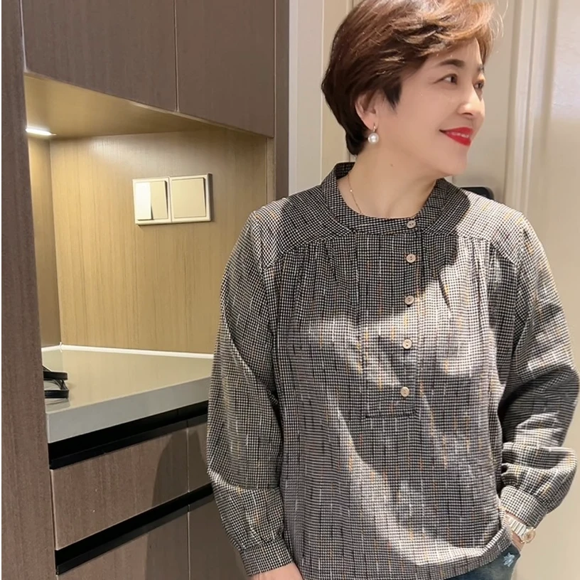 3027圆领文艺格子休闲小衫