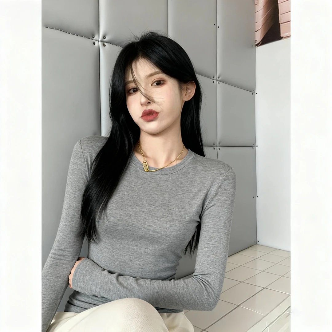 2025春秋季螺纹修身t恤长袖正肩紧身打底衫基础款小衫上衣女内搭