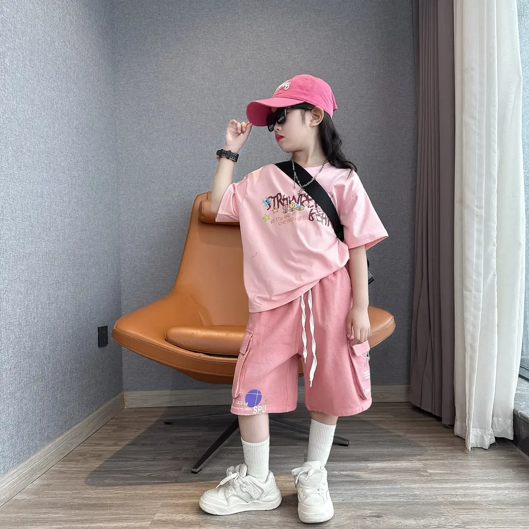 女童夏季时尚休闲工装中裤中大童百搭宽松短袖T恤衫潮