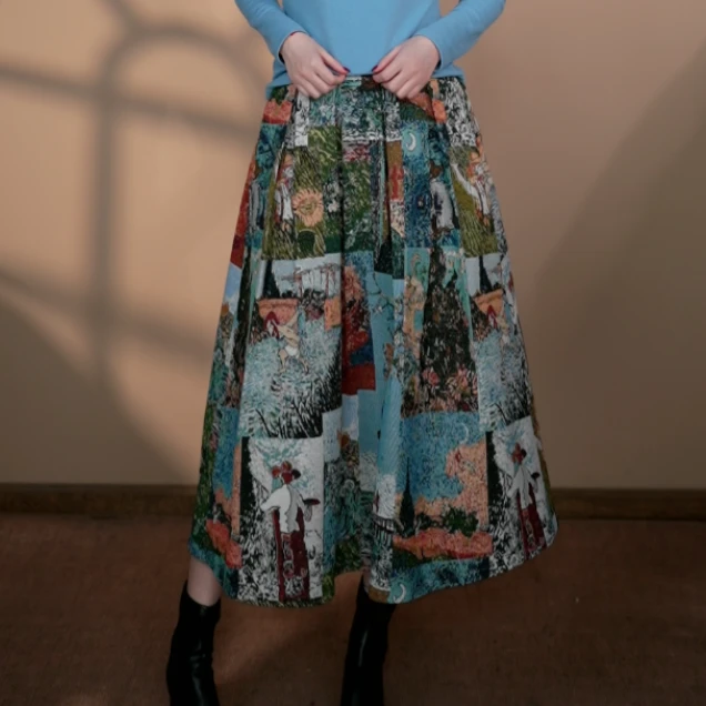 小井定制私服【】著名油画什锦图案赫本风伞裙J25W821